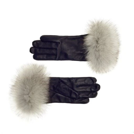 Women's Cashmere Lined Leather Gloves With White Fox Cuff